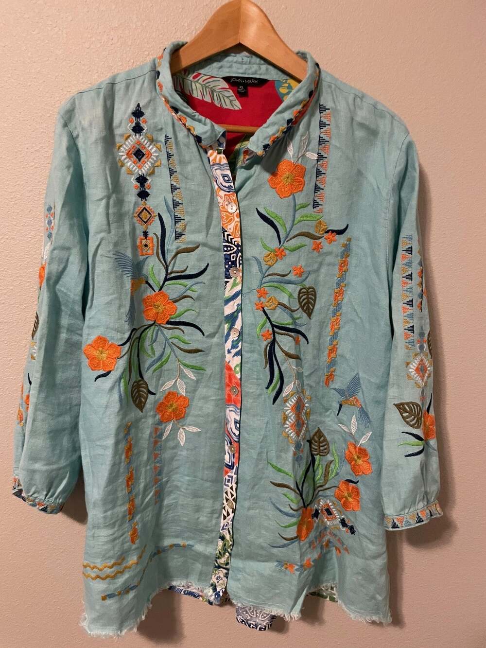John Mark Tunic Womens XL Multicolor Linen Floral Hummingbird Embroidered Artsy